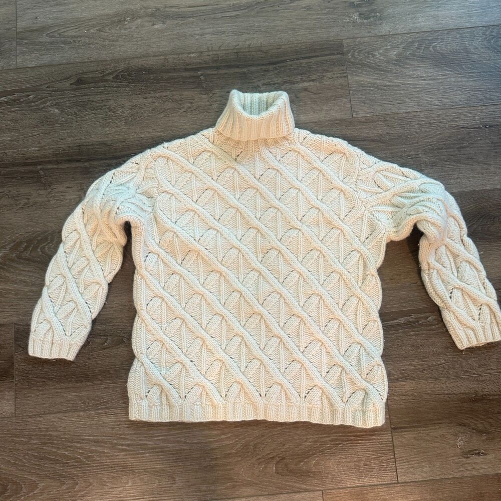 Vintage Chunky Cable Knit Turtleneck Sweater Cream Lambswool Angora Medium